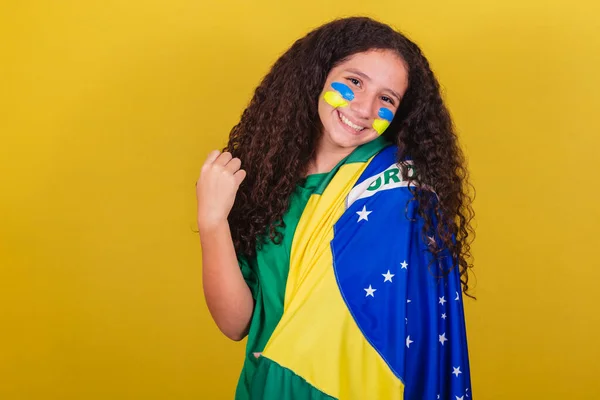 Brazilian Caucasian Girl Soccer Fan Smiling Screaming Yes Celebrating Partying — Stock Photo, Image