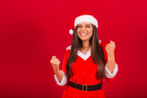 Vacker Brasiliansk Kvinna Klädd Julkläder Jultomten Firande — Stockfoto