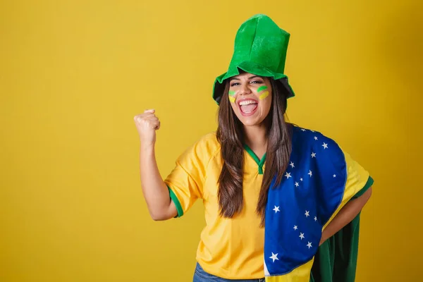 Kvinde Tilhænger Brasilien 2022 Iført Typiske Fan Outfit Til Til - Stock-foto