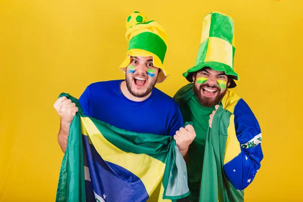 Deux Amis Brésiliens Fans Football Brésil Applaudir Célébrer Vibrer Dans — Photo