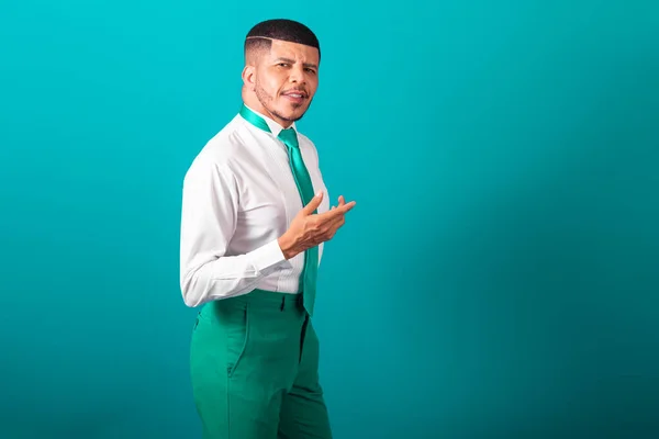 Brazilian Black Man Dressed White Shirt Green Tie Businessman Posing — Stock Photo, Image