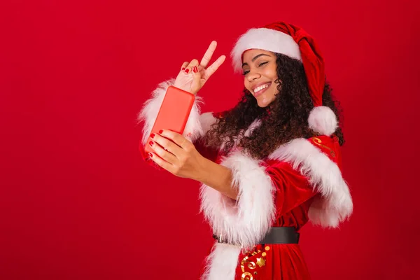 Beautiful Brazilian Black Woman Dressed Santa Claus Christmas Clothes Taking — Stock Photo, Image