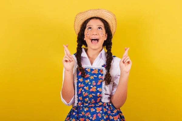 Girl Wearing Typical Clothes Festa Junina Fingers Crossed Twisting Wishing — Stock Photo, Image