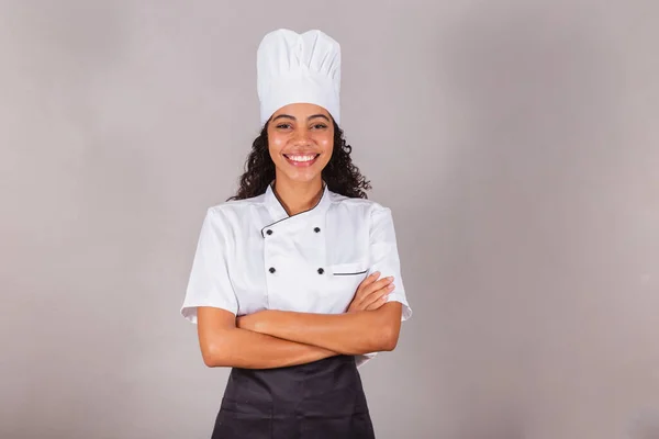 Jeune Femme Brésilienne Noire Cuisinière Chef Cuisinier Les Bras Croisés — Photo