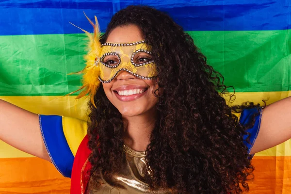 Beautiful Black Brazilian Woman Frevo Clothes Carnival Wearing Mask Using — Stock Photo, Image