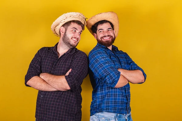 Two Friends Wearing Typical Clothes Festa Junina Arms Crossed Smiling — Stock Photo, Image