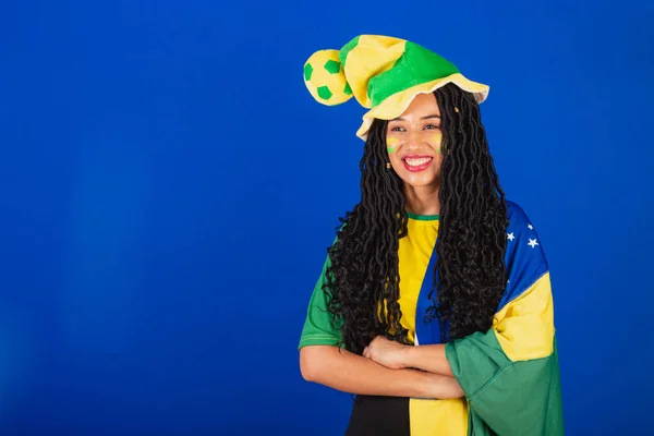 Joven Brasileña Negra Fanática Del Fútbol Con Bandera Manos Las —  Fotos de Stock