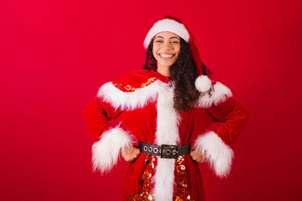 Beautiful Brazilian Black Woman Dressed Santa Claus Christmas Clothes Hands — Stock Photo, Image