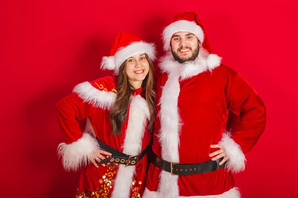 Couple Brésilien Avec Des Vêtements Noël Père Noël Claus — Photo