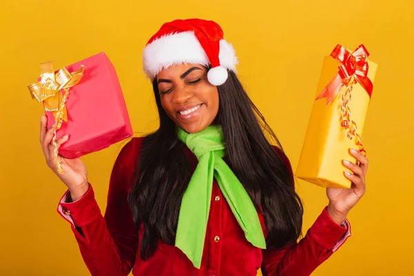 Beautiful Black Brazilian Woman Dressed Christmas Clothes Santa Claus Close — Stock Photo, Image