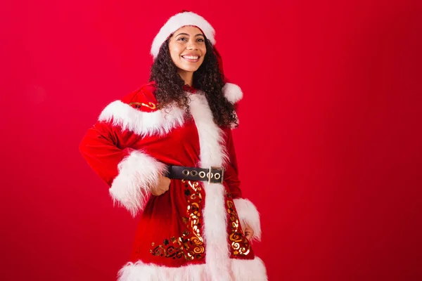 Beautiful Brazilian Black Woman Dressed Santa Claus Christmas Clothes Hands — Stock Photo, Image