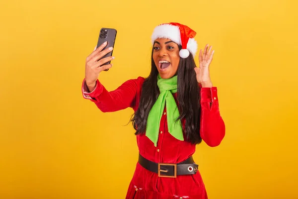 Beautiful Black Brazilian Woman Dressed Christmas Clothes Santa Claus Smartphone — Stock Photo, Image