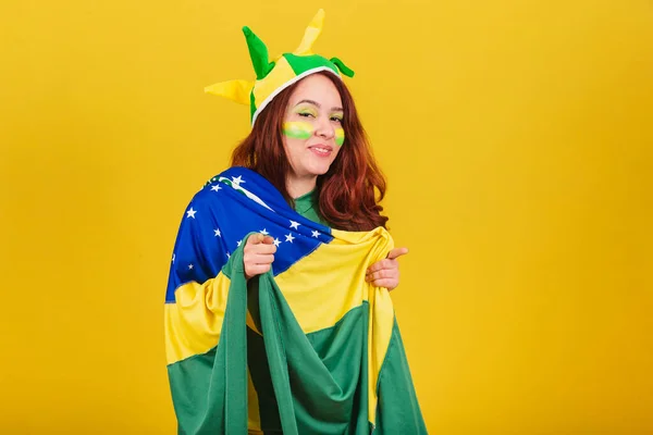 Caucasian Woman Redhead Soccer Fan Brazil Pointing Camera Choosing You — Stock Photo, Image