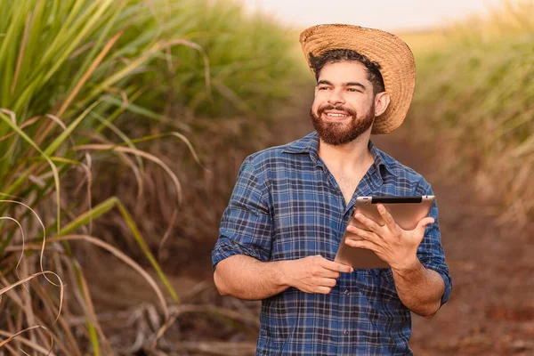 Uomo Caucasico Brasiliano Contadino Lavoratore Rurale Ingegnere Agricolo Tenendo Tablet — Foto Stock