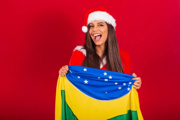 Krásná Brazilka Oblečená Vánočních Šatech Santa Claus Brazilskou Vlajkou — Stock fotografie