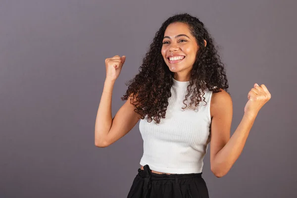 Young Black Brazilian Woman Celebrating Yes — Stock Photo, Image