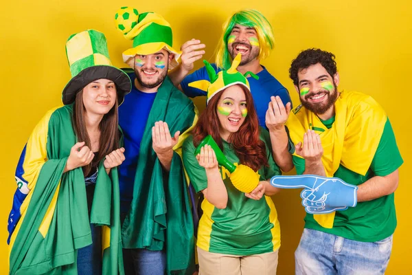 Group Friends Soccer Fans Brazil Using Brazil Flag Calling Hands — Stock Photo, Image