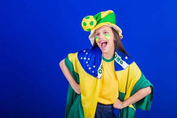 Young Girl Soccer Fan Brazil Dressed Hat Flag — Stock Photo, Image