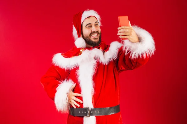 Brazilian Man Dressed Santa Claus Clothes Holding Smartphone Self Portrait — Stock Photo, Image