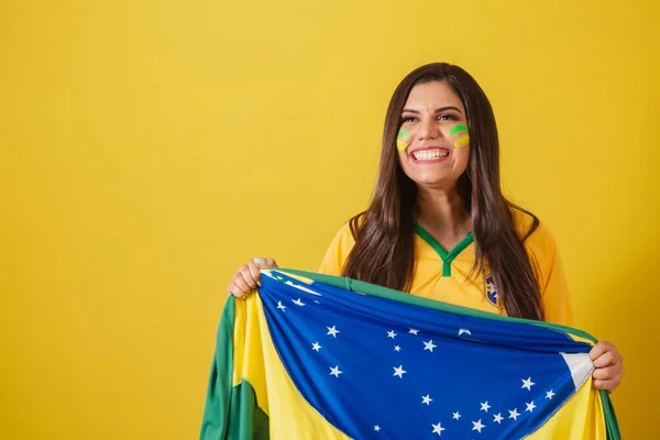 Mujer Partidaria Brasil Copa Del Mundo 2022 Campeonato Fútbol Sosteniendo —  Fotos de Stock
