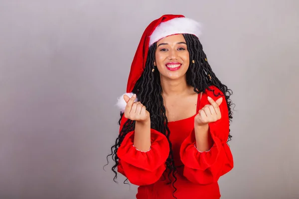 Бразильская Черная Женщина Одетая Рождественскую Одежду Веселое Рождество Улыбающаяся Знак — стоковое фото