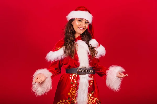 Brazilian Woman Dressed Christmas Clothes Santa Claus Open Arms Welcome — Stock Photo, Image