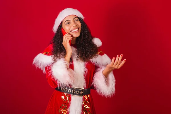 Beautiful Brazilian Black Woman Dressed Santa Claus Christmas Clothes Voice — Stock Photo, Image