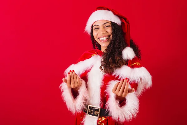 Krásná Brazilská Černoška Oblečená Jako Santa Claus Vánoční Oblečení Vítejte — Stock fotografie