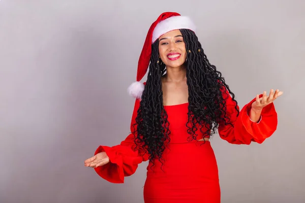 Brazilian Black Woman Wearing Christmas Clothes Merry Christmas Smiling Welcome — Stock Photo, Image