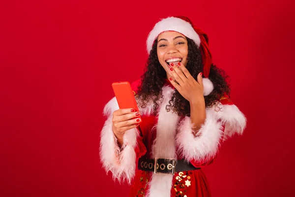 Krásná Brazilská Černoška Oblečená Jako Santa Claus Vánoční Oblečení Překvapen — Stock fotografie
