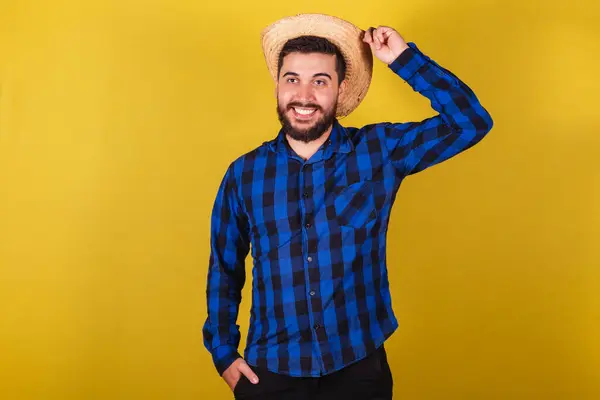 Homem Vestindo Roupas Típicas Para Festa Junina Mão Chapéu — Fotografia de Stock