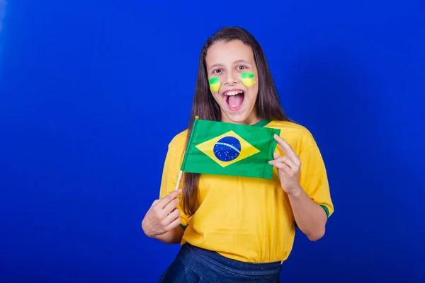 Νεαρή Κοπέλα Οπαδός Του Ποδοσφαίρου Από Βραζιλία Σημαία Brazil — Φωτογραφία Αρχείου