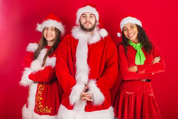 Amis Brésiliens Avec Des Vêtements Noël Santa Claus Posant Pour — Photo