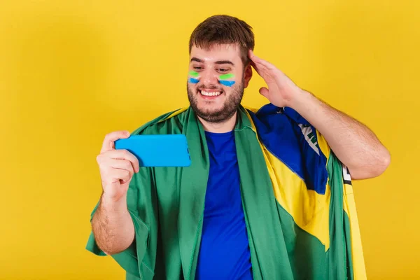 Homme Caucasien Brésilien Fan Football Brésil Regarder Match Football Par — Photo