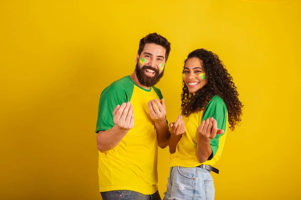 Couple Supporters Brésiliens Football Vêtus Aux Couleurs Nation Femme Noire — Photo