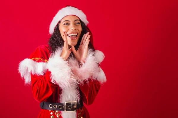 Beautiful Brazilian Black Woman Dressed Santa Claus Christmas Clothes Screaming — Stock Photo, Image