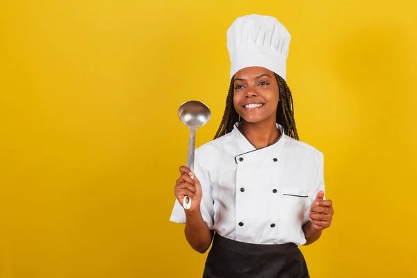 Young Afro Brazilian Woman Chef Cook Holding Cooking Ladle Kitchen — Stock Photo, Image