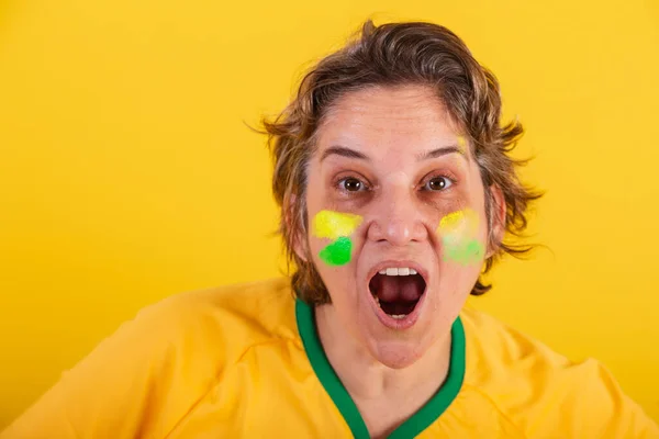 Adult Adult Woman Brazil Soccer Fan Close Photo Expression Cheering — Stock Photo, Image
