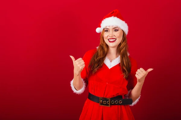 Beautiful Brazilian Red Haired Woman Dressed Christmas Clothes Santa Claus — Stock Photo, Image