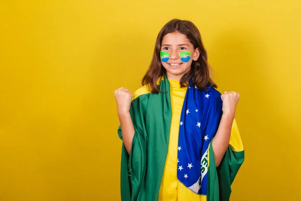 Brésilien Caucasien Fan Football Bras Levés Célébrant Confiant Joyeux Coupe — Photo