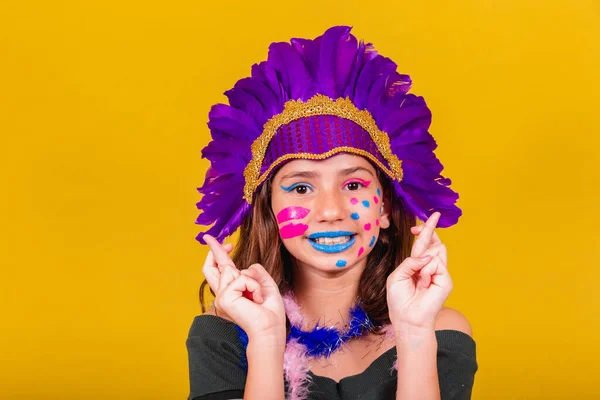 Caucasian Brazilian Child Dressed Carnival Fingers Crossed Wishing Twisting Wanting — Stock Photo, Image