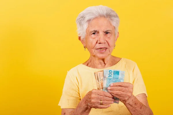 Oude Dame Met Bankbiljetten Salaris Pensioen Economie Financiën — Stockfoto