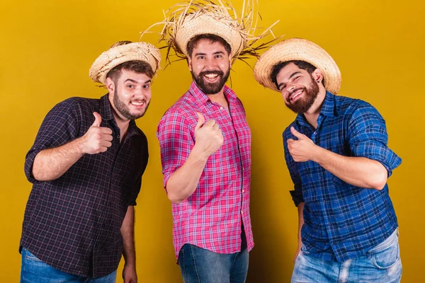 Tři Přátelé Typickém Oblečení Pro Festa Junina Palec Nahoru Pozitivní — Stock fotografie