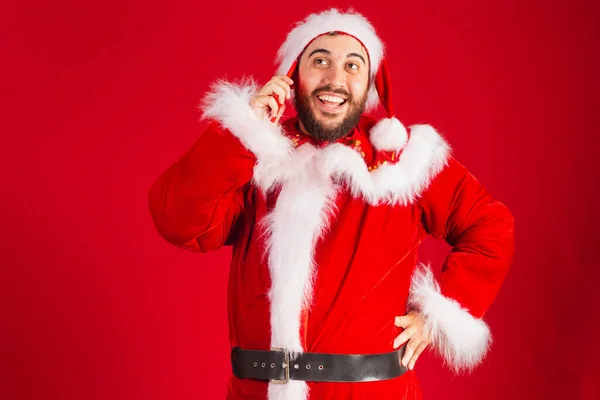 Brasileño Hombre Vestido Santa Claus Ropa Celebración Teléfono Inteligente Llamada —  Fotos de Stock