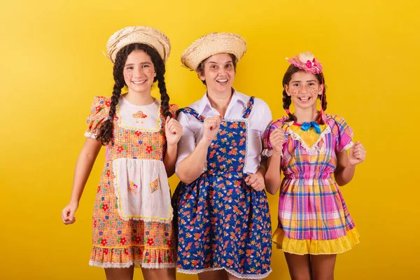 Grandmother Her Two Granddaughters Dressed Typical Festa Junina Clothes Dancing — Stock Photo, Image