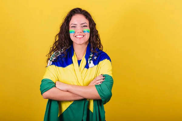 Tifosa Calcio Femminile Tifosa Del Brasile Coppa Del Mondo Braccia — Foto Stock