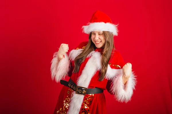 Caucásica Brasileña Vestida Navidad Santa Claus Celebrando —  Fotos de Stock