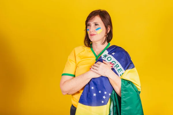 Red Haired Woman Brazilian Soccer Fan His Hands His Chest — Stock Photo, Image