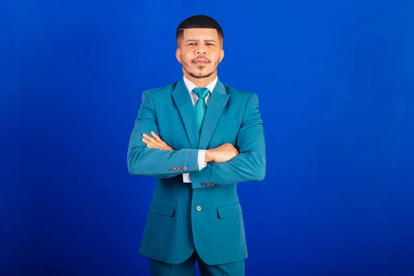 Uomo Nero Brasiliano Vestito Con Abito Cravatta Blu Uomo Affari — Foto Stock