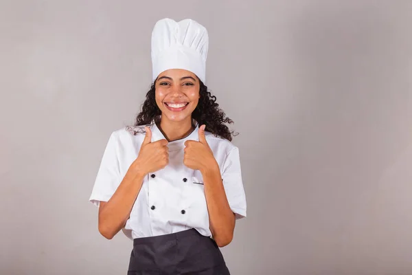 Young Black Brazilian Woman Cook Masterchef Sign Thumbs Approval — Stock Photo, Image